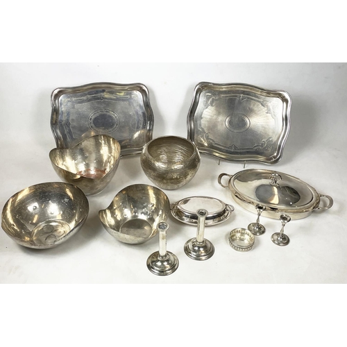 17 - TRAYS, a pair, silver plated, a 1970s jardiniere, three designer bowls, a pair of Mappin and Webb ca... 