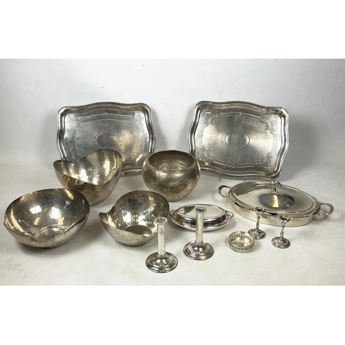 17 - TRAYS, a pair, silver plated, a 1970s jardiniere, three designer bowls, a pair of Mappin and Webb ca... 