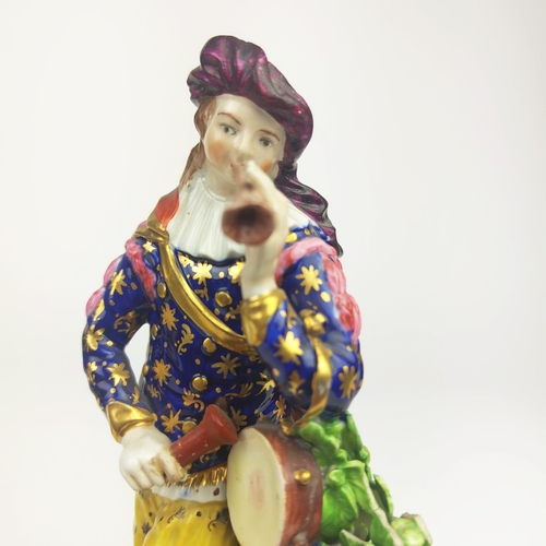 18 - FIGURES, a pair, 19th century Derby, depicting a man blowing his bugle and holding a tambourine, mar... 