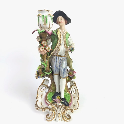 19 - FIGURES, four, early 19th century porcelain mainly Derby, together with a pair of Derby figural cand... 