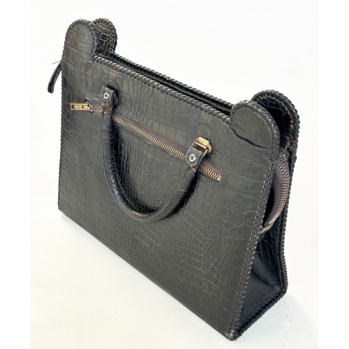 23 - HANDBAGS, a vintage top zip, black crocodile model together with two vintage brown crocodile example... 