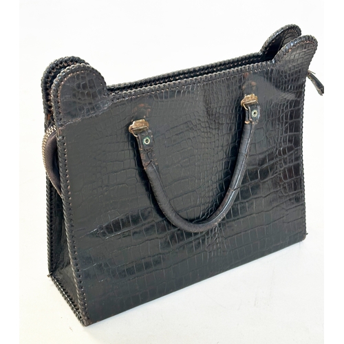 23 - HANDBAGS, a vintage top zip, black crocodile model together with two vintage brown crocodile example... 