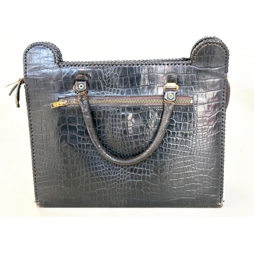 23 - HANDBAGS, a vintage top zip, black crocodile model together with two vintage brown crocodile example... 