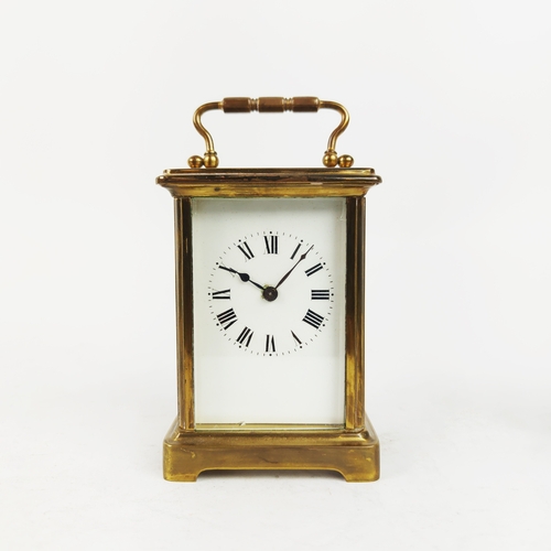 26 - CARRIAGE CLOCKS, three, 19th/20th century brass together with a tortoiseshell mantle clock. (4)