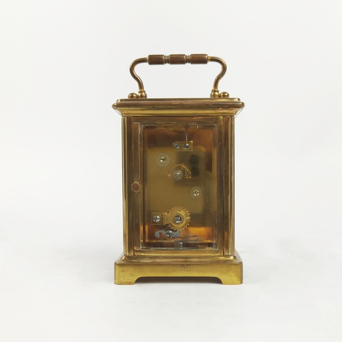 26 - CARRIAGE CLOCKS, three, 19th/20th century brass together with a tortoiseshell mantle clock. (4)