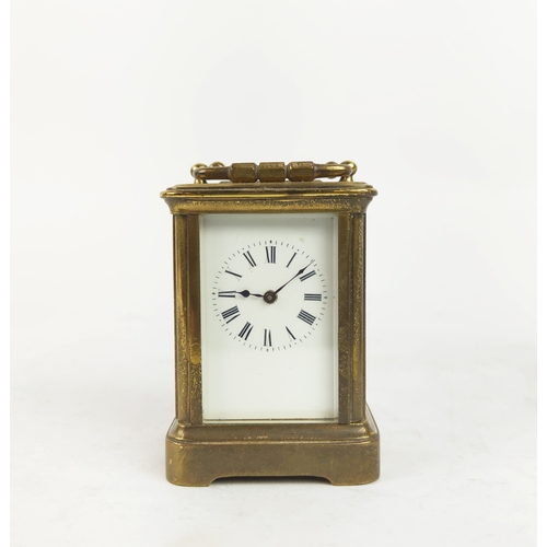 26 - CARRIAGE CLOCKS, three, 19th/20th century brass together with a tortoiseshell mantle clock. (4)