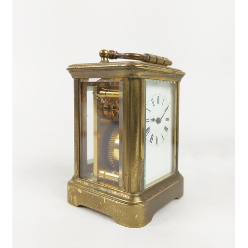 26 - CARRIAGE CLOCKS, three, 19th/20th century brass together with a tortoiseshell mantle clock. (4)