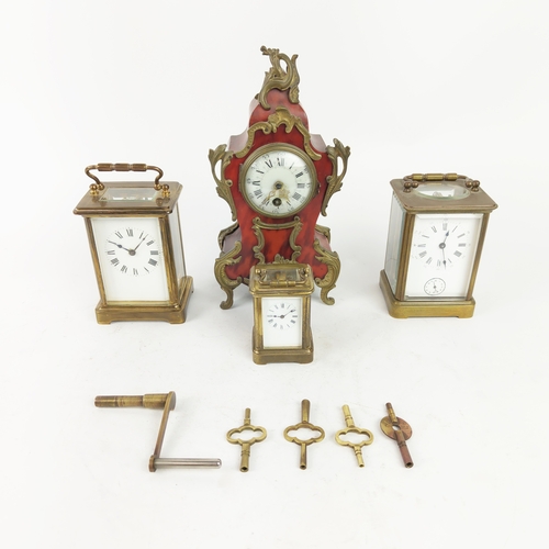 26 - CARRIAGE CLOCKS, three, 19th/20th century brass together with a tortoiseshell mantle clock. (4)