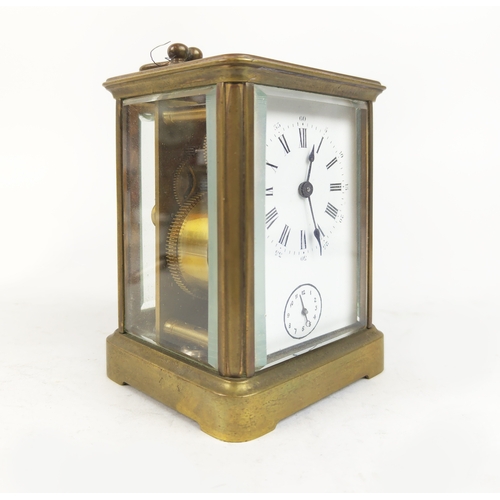 26 - CARRIAGE CLOCKS, three, 19th/20th century brass together with a tortoiseshell mantle clock. (4)