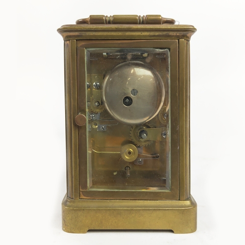 26 - CARRIAGE CLOCKS, three, 19th/20th century brass together with a tortoiseshell mantle clock. (4)