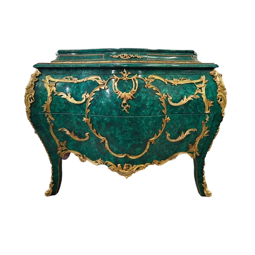 307 - BOMBE COMMODE, faux malachite finish with two drawers and gilt ormolu mounts, 91cm H x 132cm x 68cm.