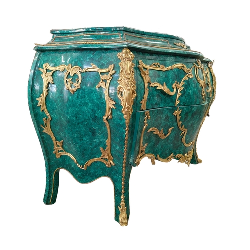 307 - BOMBE COMMODE, faux malachite finish with two drawers and gilt ormolu mounts, 91cm H x 132cm x 68cm.