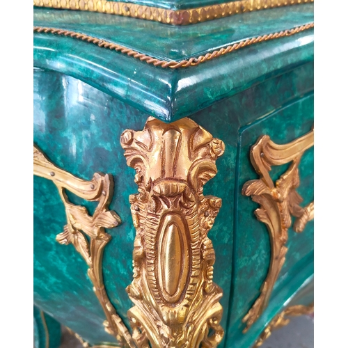 307 - BOMBE COMMODE, faux malachite finish with two drawers and gilt ormolu mounts, 91cm H x 132cm x 68cm.