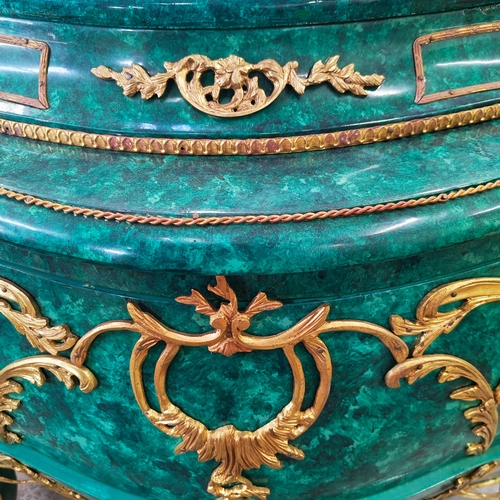 307 - BOMBE COMMODE, faux malachite finish with two drawers and gilt ormolu mounts, 91cm H x 132cm x 68cm.