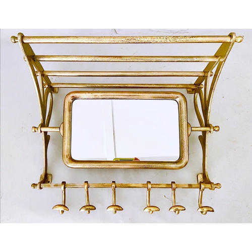 456 - LUGGAGE RACK PORT MANTEAU MIRROR, gilt metal with coat hooks, 54cm H x 67cm x 36cm.