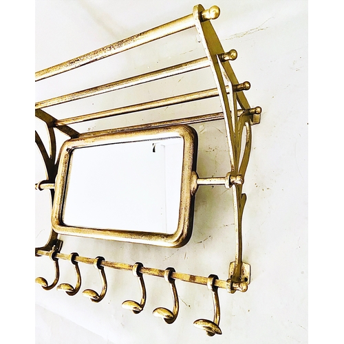 456 - LUGGAGE RACK PORT MANTEAU MIRROR, gilt metal with coat hooks, 54cm H x 67cm x 36cm.