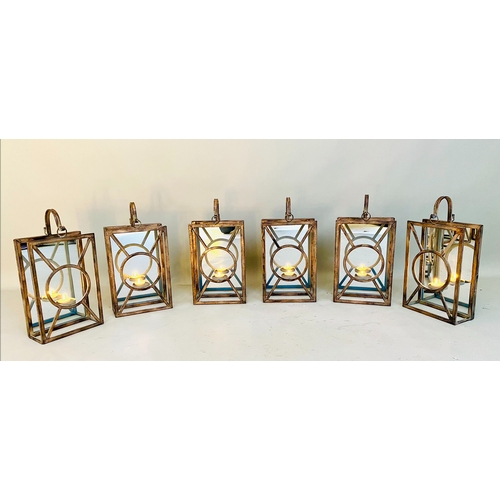 459 - WALL LANTERNS, a set of six, Art deco style, metal frames with mirrored backs, 44cm H x 22cm x 11cm.... 