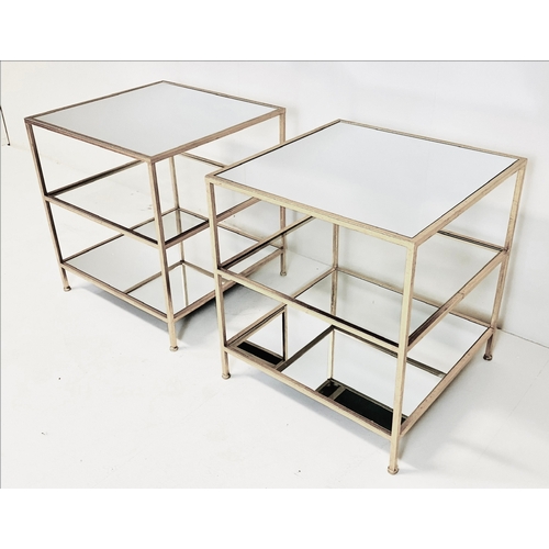 460 - SIDE TABLES, a pair, silvered metal with square mirrored tops, 51cm H x 51cm x 51cm. (2)