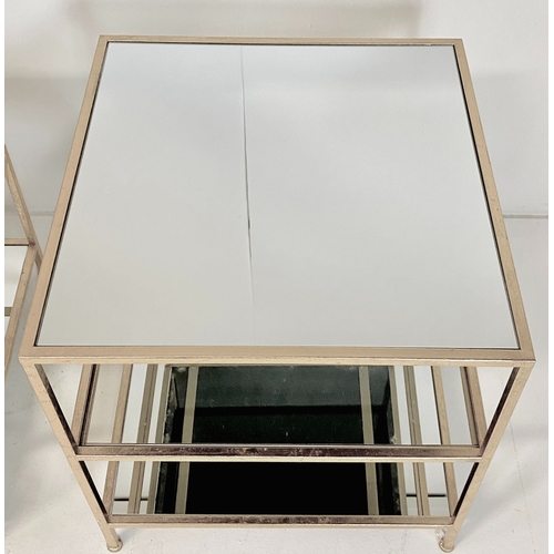 460 - SIDE TABLES, a pair, silvered metal with square mirrored tops, 51cm H x 51cm x 51cm. (2)