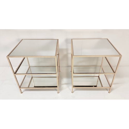 460 - SIDE TABLES, a pair, silvered metal with square mirrored tops, 51cm H x 51cm x 51cm. (2)