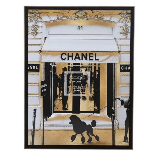 464 - CONTEMPORARY SCHOOL PRINT, of a fashion house shop front, framed and glazed, 97cm H x 74cm.