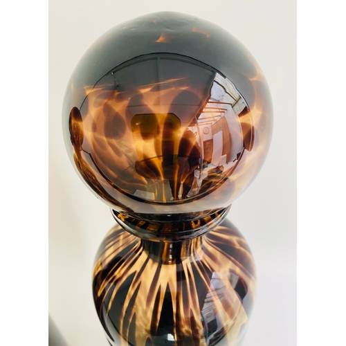 465 - DECANTERS, a pair, Murano style faux tortoiseshell glass, 40cm H x 10cm x 10cm. (2)