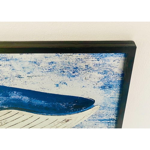 470 - CONTEMPORARY SCHOOL WHALE PICTURE, on glass, framed, 44cm H x 120cm.