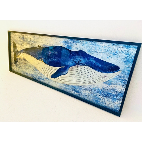 470 - CONTEMPORARY SCHOOL WHALE PICTURE, on glass, framed, 44cm H x 120cm.