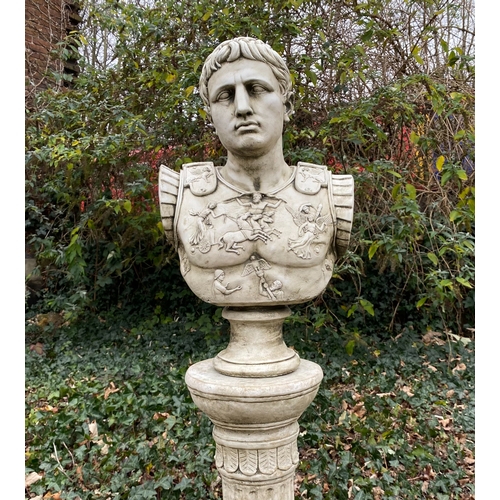 471 - CLASSICAL STYE BUST ON STAND, composite stone.