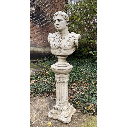 471 - CLASSICAL STYE BUST ON STAND, composite stone.