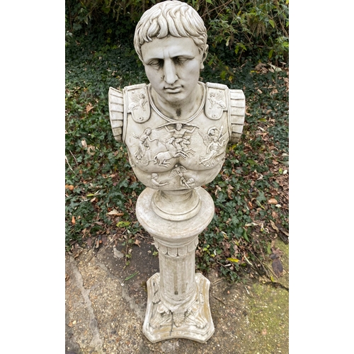 471 - CLASSICAL STYE BUST ON STAND, composite stone.