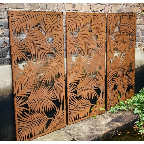 476 - ARCHITECTURAL GARDEN PANELS, a set of three, metal with palm leaf design, each panel 120cm H x 60cm.... 