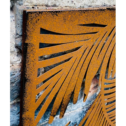 476 - ARCHITECTURAL GARDEN PANELS, a set of three, metal with palm leaf design, each panel 120cm H x 60cm.... 