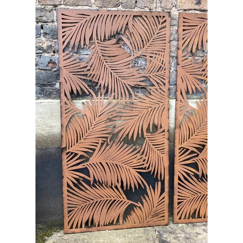 476 - ARCHITECTURAL GARDEN PANELS, a set of three, metal with palm leaf design, each panel 120cm H x 60cm.... 