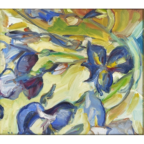 53A - STELLA AUCHINLECK, 'Irises', oil on board, 30cm x 34cm, label verso, framed.