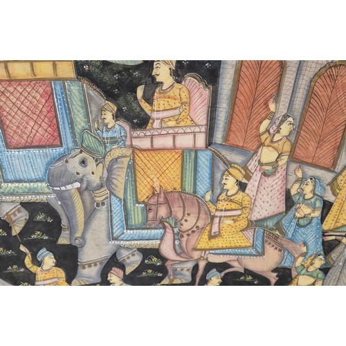 61 - INDIAN SCHOOL, 'Procession', gouache on textile laid on board, 105cm x 158cm, unframed.