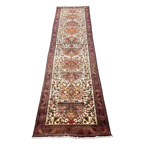 115 - FINE PERSIAN KARAJA RUNNER, 390cm x 96cm.