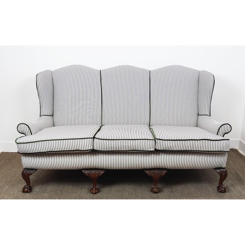 121 - WING SOFA, Georgian style in new ticking and green velvet piping upholstery, 102cm H x 184cm W.