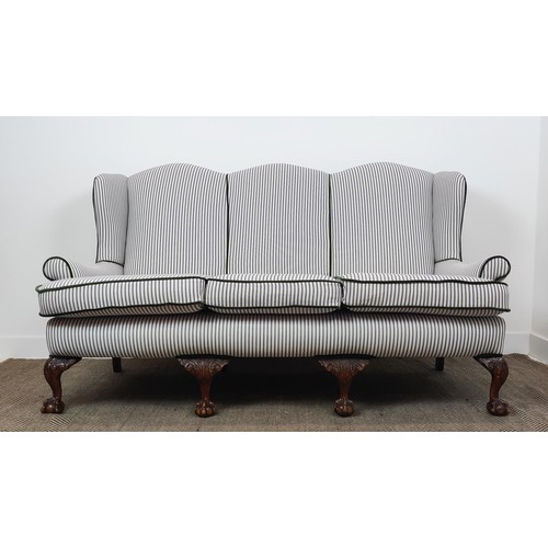 121 - WING SOFA, Georgian style in new ticking and green velvet piping upholstery, 102cm H x 184cm W.