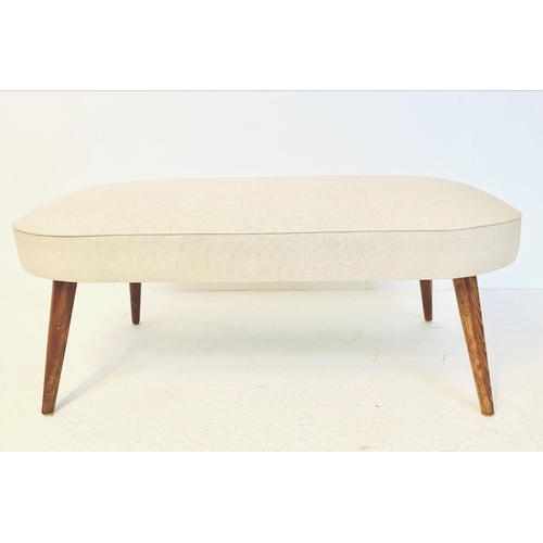 419 - FOOTSTOOL, 1950s Italian style, neutral linen upholstery on tapered wooden supports, 43cm H x 110cm ... 