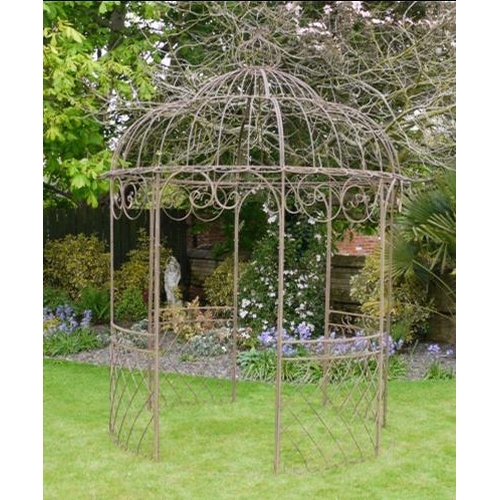 421 - ARCHITECTURAL GARDEN PERGOLA, Regency style metalwork in distressed oxidised finish, 300cm H x 225cm... 