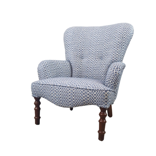 122 - ARMCHAIR, blue patterned upholstery, 84cm H x 68cm W x 75cm D.