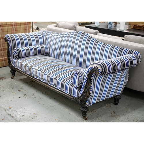 123 - SOFA, William IV ebonised in blue and grey striped velvet, 81cm H x 215cm W x 77cm D.