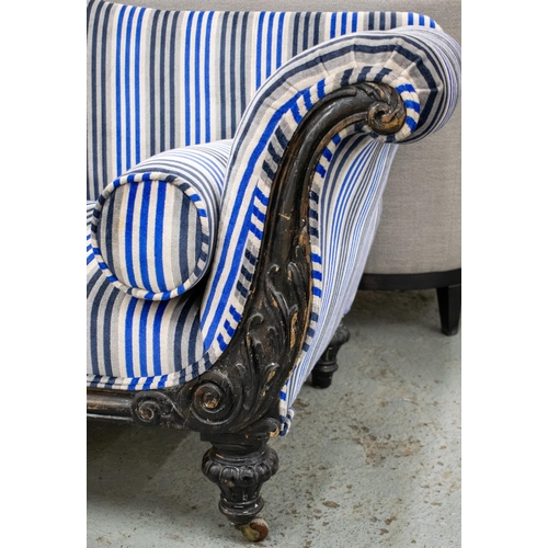 123 - SOFA, William IV ebonised in blue and grey striped velvet, 81cm H x 215cm W x 77cm D.