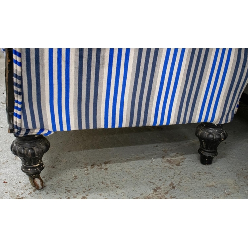 123 - SOFA, William IV ebonised in blue and grey striped velvet, 81cm H x 215cm W x 77cm D.