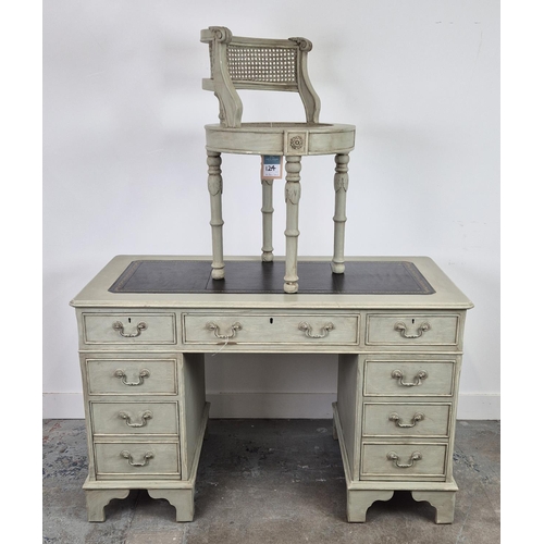 124 - PEDESTAL DESK, grey painted with black leather top above seven drawers, 77cm H x 122cm W x 61cm D, a... 