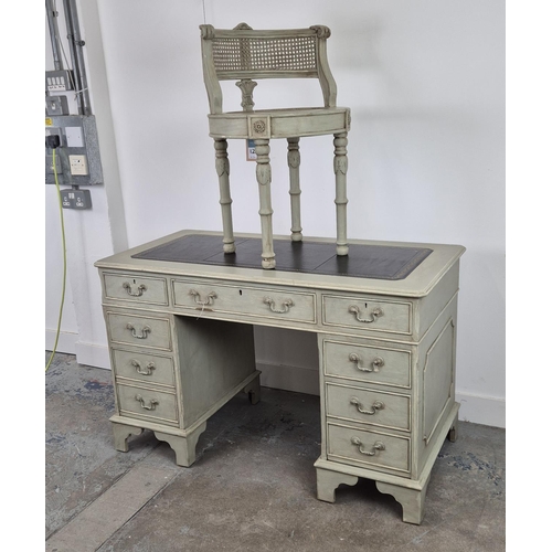 124 - PEDESTAL DESK, grey painted with black leather top above seven drawers, 77cm H x 122cm W x 61cm D, a... 