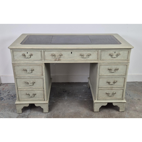 124 - PEDESTAL DESK, grey painted with black leather top above seven drawers, 77cm H x 122cm W x 61cm D, a... 