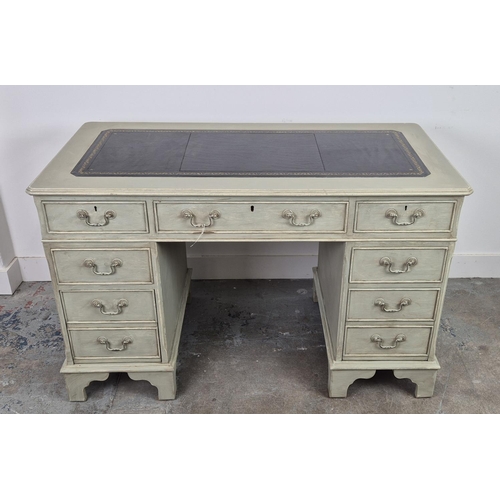 124 - PEDESTAL DESK, grey painted with black leather top above seven drawers, 77cm H x 122cm W x 61cm D, a... 