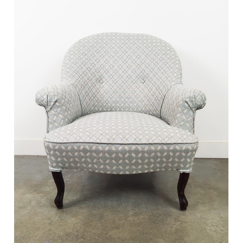 127 - BERGERE, Napoleon III mahogany in pale blue patterned fabric, 85cm H x 78cm W x 72cm D.